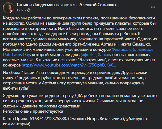 В Харькове мальчиков-близнецов сбила машина. Скриншот фейбсук-страницы Татьяны Ландесман